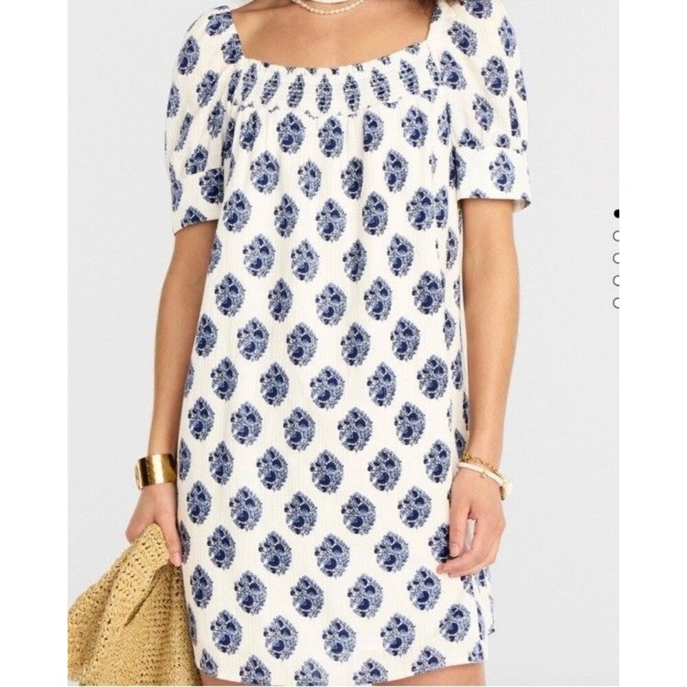 J. Crew White Midi Dress with Blue Floral Medallion Print